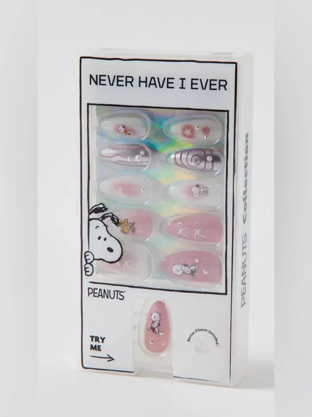 Never Have I Ever Press-On Faux Snoopy Peanuts pink white silver bow heart